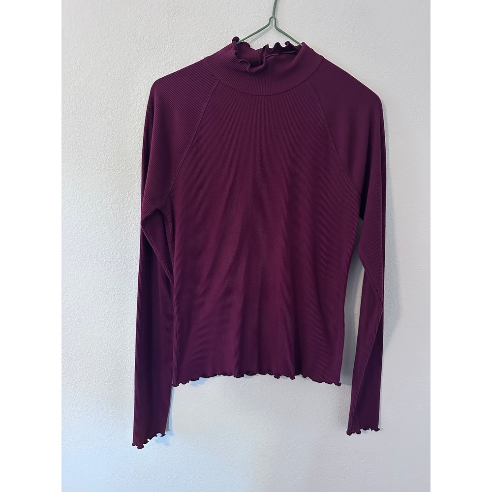 SO Mock Neck Top L Purple Ribbed Lettuce Edge Long Sleeve Raglan Rib Layering
